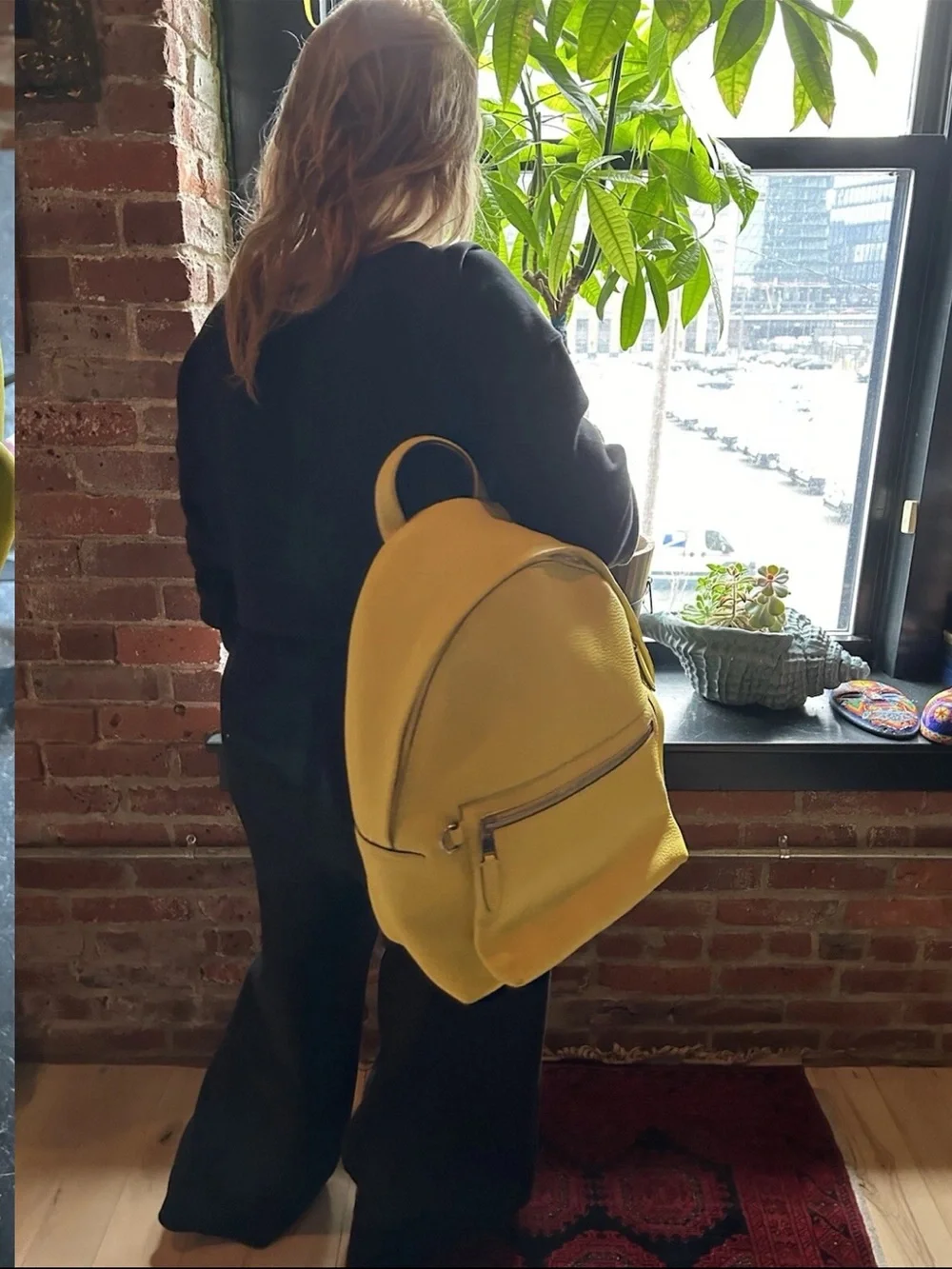 Mulberry Lime Yellow Leather Backpack with Front Zip Pocket